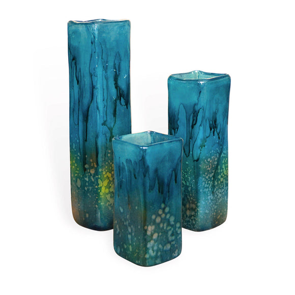 Turquoise Glass Square Vases / set of 3