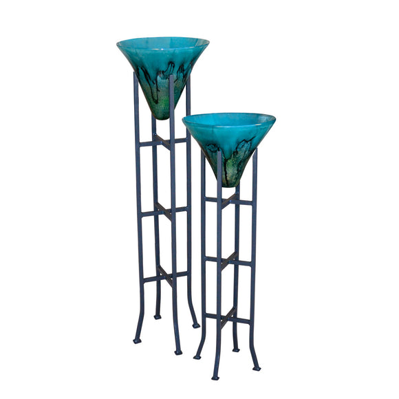 Turquoise Glass Cone Floor Vases with Stand