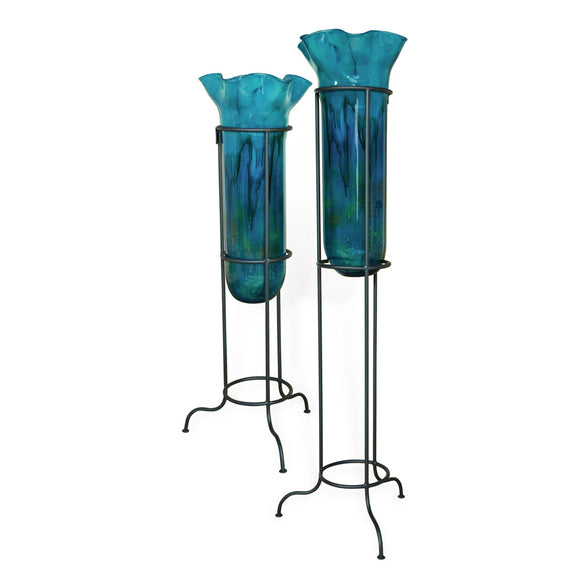 Turquoise Glass Ruffle Top Floor Urns